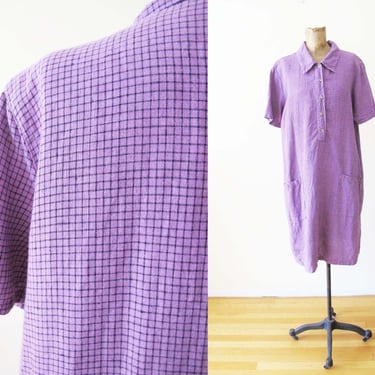 90s Linen Checkered Shift Dress M - Vintage 90s Purple Plaid Short Sleeve Collared Sundress - Relaxed Casual Fit - Natural Fiber 