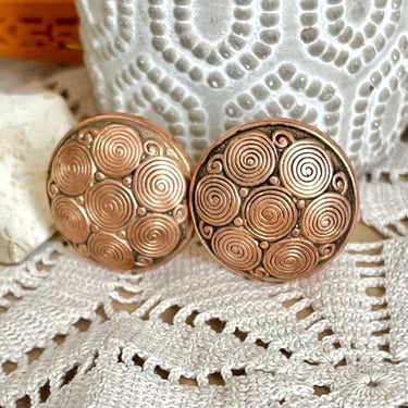 Statement Copper Earrings, Spiral Abstract, Domed, Signed, Vintage 60s 70s 