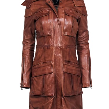 Bod &amp; Christensen - Chestnut Brown Long Leather Jacket Sz S