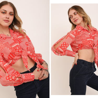 Vintage 1970s 70s Red Bandana Button Up Cropped Top Blouse w/ Waist Ties Cut Out Bishop Sleeves 