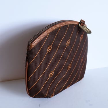 Vintage GUCCI 1970s Brown Monogram GG Pouch with Gold Logo Zip Cosmetic Case Clutch Carryall 70s Web Tan Canvas Leather 