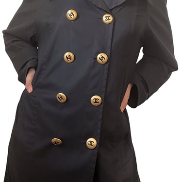 Vintage 1992 CHANEL CC Large Logo Button SILK Black Trench Jacket Coat Authentic 