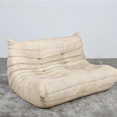 Togo 2 seat sofa in original tan velvet fabric, designed by Michel Ducaroy for Ligne Roset