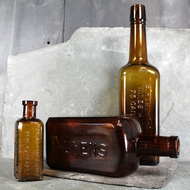 Set of 3 Antique Bottles | Brown Bottle Set | S Rosenthal & Co, Nuyens, Bryant's Root Beer | Decorative Bottle Set 