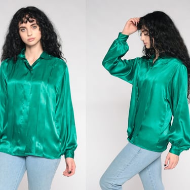Green Satin Blouse Long Sleeve Top Y2K Shirt Pleated Silky Button Up Collared Shirt 00s Plain Solid Medium 10 