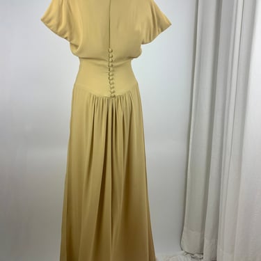 1940s Rayon Crepe Gown - Soft Mustard Color - Grecian Cut Sleeve - Buttoned Drop Waist in Back - Flowing Skirt - 26 - 27 Inch Waist 