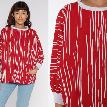 80s Striped Shirt -- Batwing Sleeve Top Red White Slouchy Shirt Dolman Blouse Vintage Slouch 3/4 Sleeve Shirt Extra Large xl 2xl xxl 