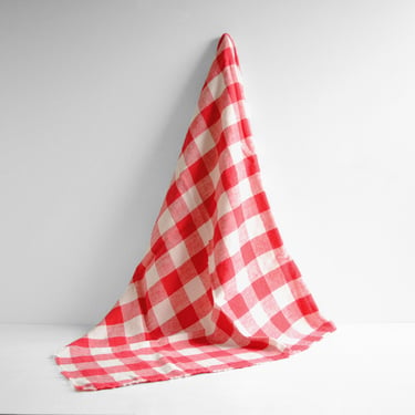 Vintage Small Red and White Linen Gingham Tablecloth 37