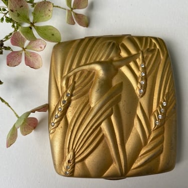 Vintage Estee Lauder Golden Virgo Compact With Mirror, Face Powder, Gold Tone Art Deco Woman With Tiny Rhinestones, Makeup 