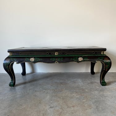 Vintage Chinese Black Lacquer Coffee Table W/ Three Cloisonne Porcelain Plaques 