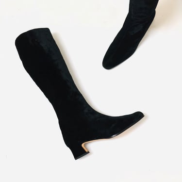 90s 00s Y2K Black Velvet Boots Tall Black Velvet Boots Size 9 9 1/2 High heel Black Velvet GOGO Boots Charles Jourdan Made In Spain Bis 