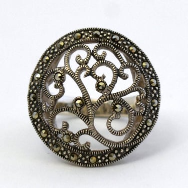 Big 70's Art Nouveau style sterling pyrite size 8 vines ring, 925 silver marcasite hippie statement 