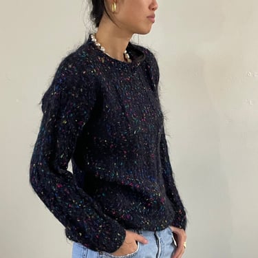 90s mohair sweater / vintage Carole Little black speckled mohair crewneck pullover sweater | Medium 