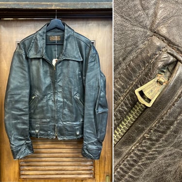 Vintage 1940’s Size XL Horsehide Black Motorcycle MC Leather Jacket, 40’s Motorcycle Leather, Vintage Biker, Vintage Clothing 