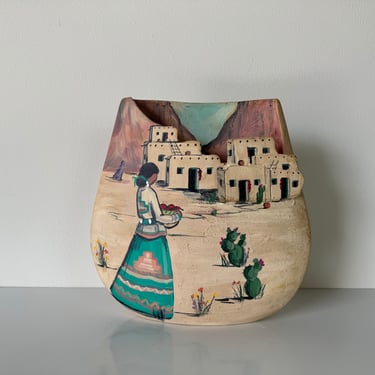1980's Terri Brody Elenzweig Southwest Pueblo Art Hand Painted Ceramic Vase 