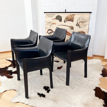 Set of 4 Original 1970s Cab 414 Armchairs by Mario Bellini for Cassina in RARE Dark Grey / Black Leather--Complete SET 