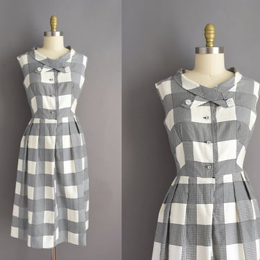 1950s dress | Soft Polished Cotton Black Plaid Print Shirt Dress | Large XL | 50s vintage dress 
