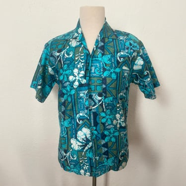 1980s Blue and White Hawaiian Aloha Shirt by Go Barefoot in Paradise | 80s Floral Cotton Shirt, Made in Hawaii (42 Chest) 