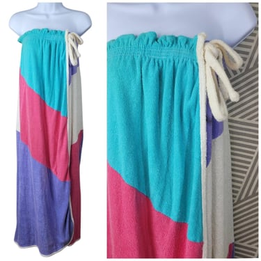 Vintage 70s 80s Bath Robe Swim Cover Up Dress Medium Pink Wrap Towel Teal Purple 