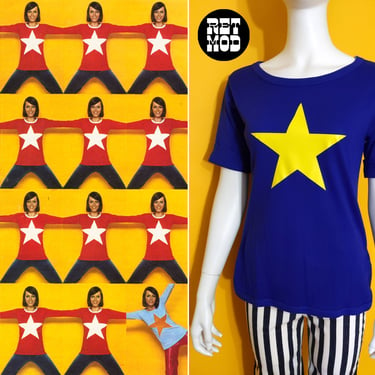 DEADSTOCK Fabulous Vintage 70s Blue Yellow Star Short Sleeve T-Shirt 