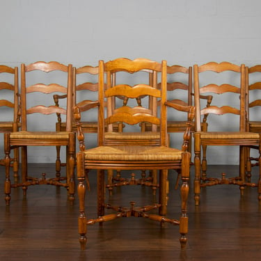Vintage Country French Provincial Ladder Back Oak Rush Dining Chairs- Set of 8 