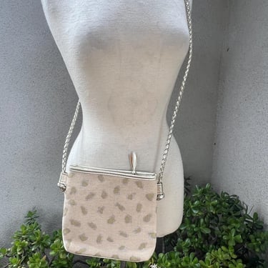 Vintage 90s crossbody bag canvas fabric leopard print golden leather braided strap Tiannl 