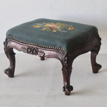 Vintage French Country Louis XV Style Carved Wood Needlepoint Footstool Ottoman Nailhead Detail 