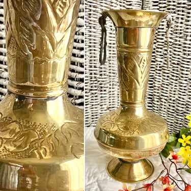 Large Ornate Brass Vase, Engraved Urn, Handles, Pedestal Base, Mantel Decor, Entry Way, Vintage Home Decor 