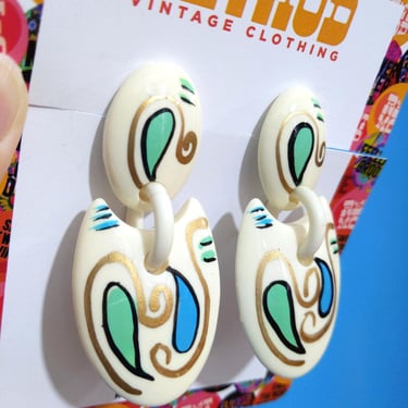 Unique Vintage 70s 80s 90s Off-White Large Statement Earrings with Blue & Aqua Hand-Painted Swirls 