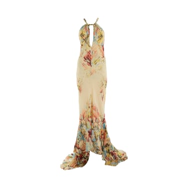 Roberto Cavalli Nude Floral Print Ruffle Gown