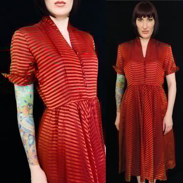 Vintage 1940's Autumnal Orange and Rust Brown Satin Striped Chevron Fit N Flare Dress - size Medium 