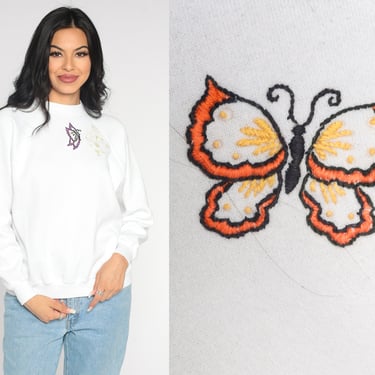 Butterfly Sweatshirt 90s White Embroidered Mom Sweatshirt Floral Crewneck Graphic Sweatshirt 80s Sweater Vintage Shirt Retro Slouchy Large L 