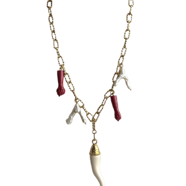 Mano Figa Pearl Coral Resin Horn Charm Necklace