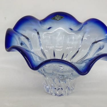 Shannon Crystal Designs Of Ireland Clear with Blue Ruffled Rim Bowl Poland 3142B