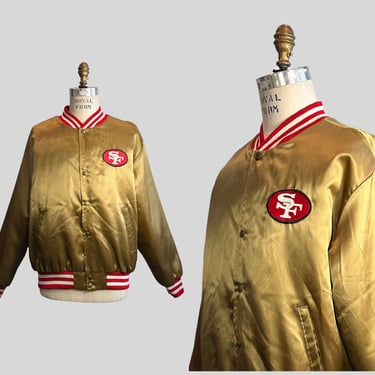GO FORTY NINERS! Vintage 80s San Francisco Forty Niners Jacket | 1980s Football Red and Gold Satin Swingster Starter Jacket | Size XLarge 