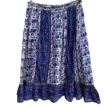 Vintage Womens Purple Blue Floral Boho Elastic Waist Lined Festival Midi Skirt