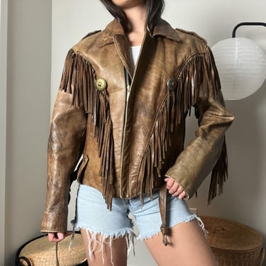 vintage 80s tan brown distressed leather boho western fringe