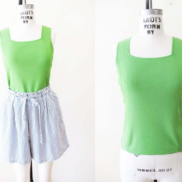 Vintage 2000s Lime Green Stretchy Square Neck Tank Top S M  - Y2K Knitted Sleeveless Shirt 