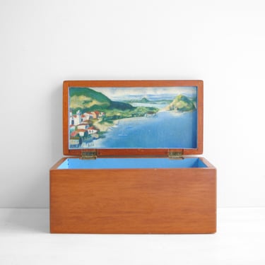 Vintage Hinged Wood Box with Hand Painted Coastal Scene on the Inside Lid 
