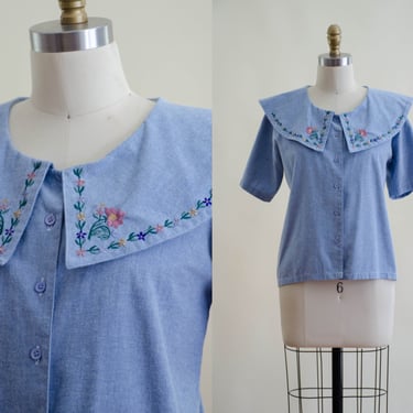 embroidered folk blouse | 80s vintage blue cotton Edwardian style sailor collar blouse 