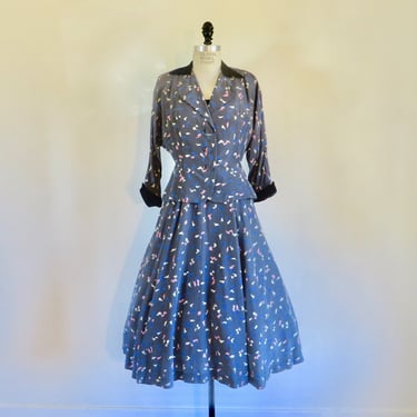 1950's Dark Gray Novelty Print Fit and Flare Jacket and Dress Set Velvet Trim Collar Cuffs Rockabilly 50's Spring Fall 30
