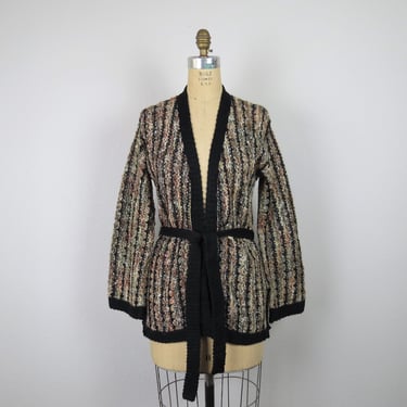 Vintage 1970s belted knit cardigan sweater, wrap, open front, kimono sleeve, small, medium 