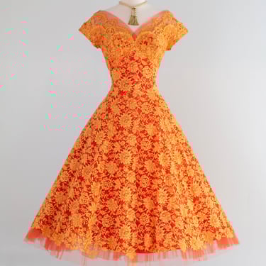 Fabulous 1950's Blood Orange Lace Demi Couture Party Dress By Peggy Hunt / Medium