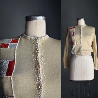 1950s Cream Beaded Cardigan / Vintage Beaded Cardigan / Beaded Flags Cardian / 50s Beaded Cardigan 