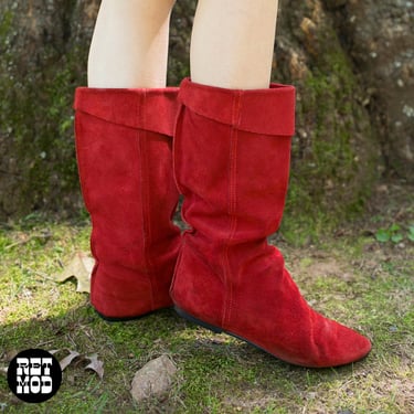US 8 - Fun Vintage 70s 80s Red Suede Pointy Toe Slouch Boots 
