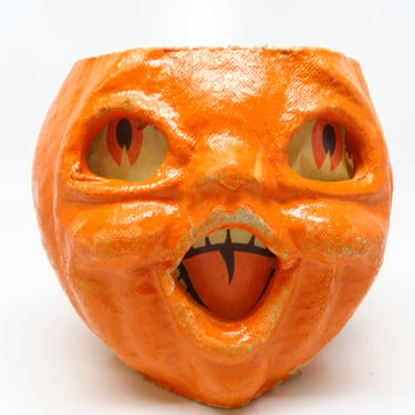 Small Retro 5 Inch Double Face 1950's Halloween Jack-O-Lantern, Vintage Pulp Paper Mache, Face on 2 sides, Antique JOL 