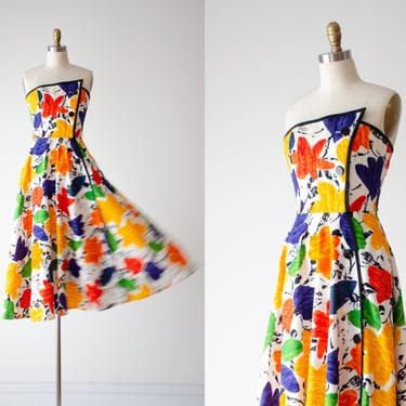 strapless midi dress | 80s 90s AJ Bari white rainbow abstract floral fit and flare dress 