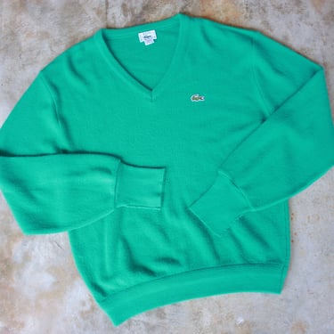 80s Turquoise Lacoste V Neck Pullover Sweater Size L 