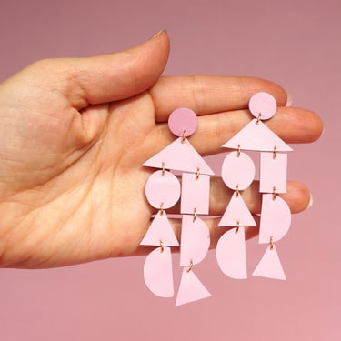 Geometric Mosaic Earrings in Light Pink - Monochromatic Reclaimed Leather Maximalist Statement Earrings 