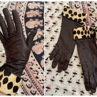 Vintage 1960’s Kay Fuchs chocolate brown leather gloves with spotted animal print cuffs, ladies 6.5 